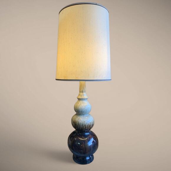 Mid Century Modern Drip Glaze Triple Gourd Table Lamp- Brown & Tan w drum shade - Picture 2 of 8